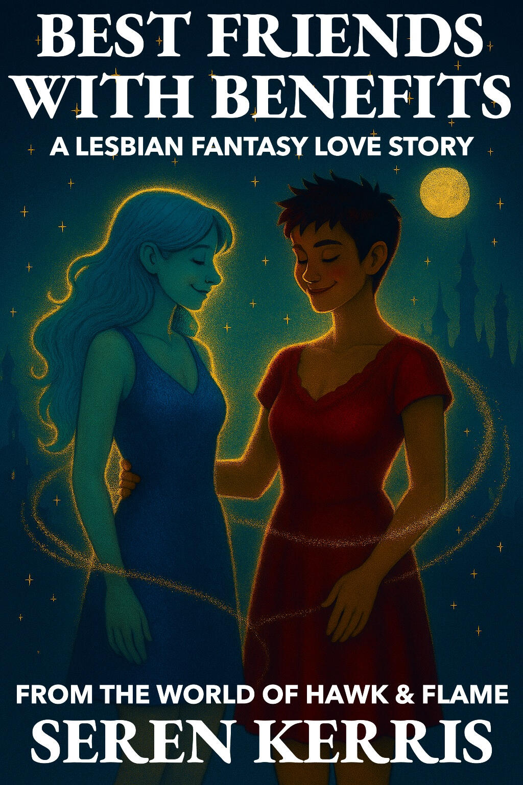 Lady Raine Rivers and fashion designer Talia Merrow, sharing a quiet moment, surrounded by magical sparkles