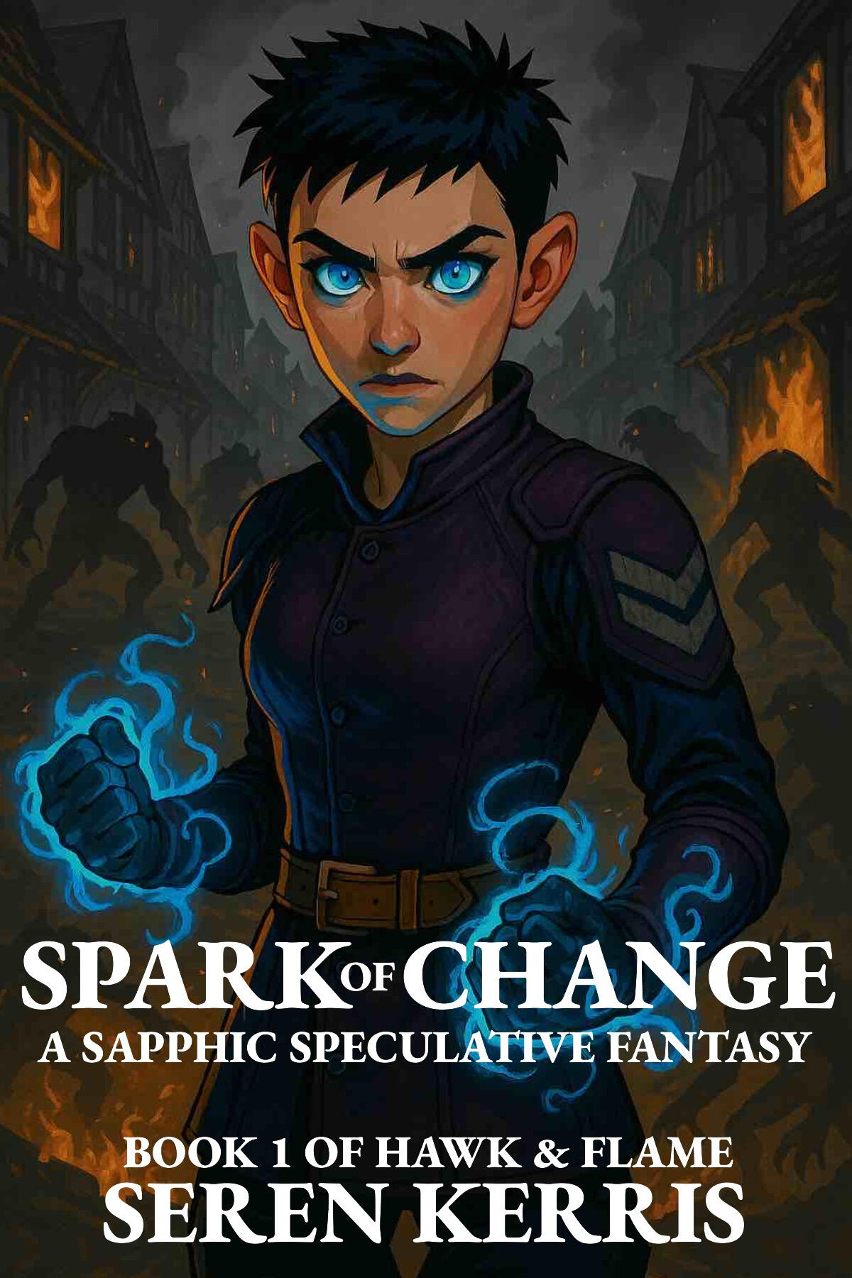 Book cover of “Spark of Change” by Seren Kerris, a sapphic speculative fantasy. The cover image shows Sola Brightheart looking fierce, standing in a burning village, surrounded by monsters, her fists and eyes glowing with magic.
