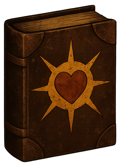An ancient tome with a sun-heart emblem embossed on its cover.
